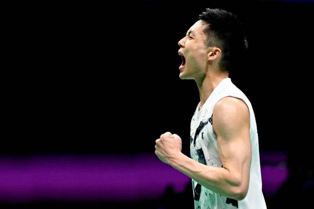 Taiwan’s Chou Tien-chen reacts after winning a point against Denmark’s Viktor Axelsen during their men’s singles quarter-final match at the Thomas and Uber Cup badminton tournament in Chengdu, in China’s southwest Sichuan province. - AFPPIX
