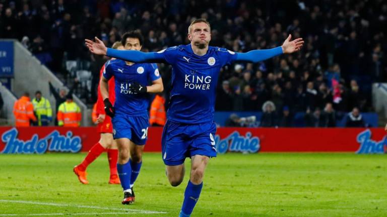Leicester City’s Jamie Vardy celebrates scoring their third goal/REUTERSPix