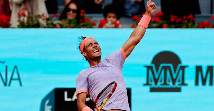 Park Manzanares, Madrid, Spain - April 29, 2024 Spain’s Rafael Nadal celebrates after winning his round of 32 match against Argentina’s Pedro Cachin/REUTERSPix