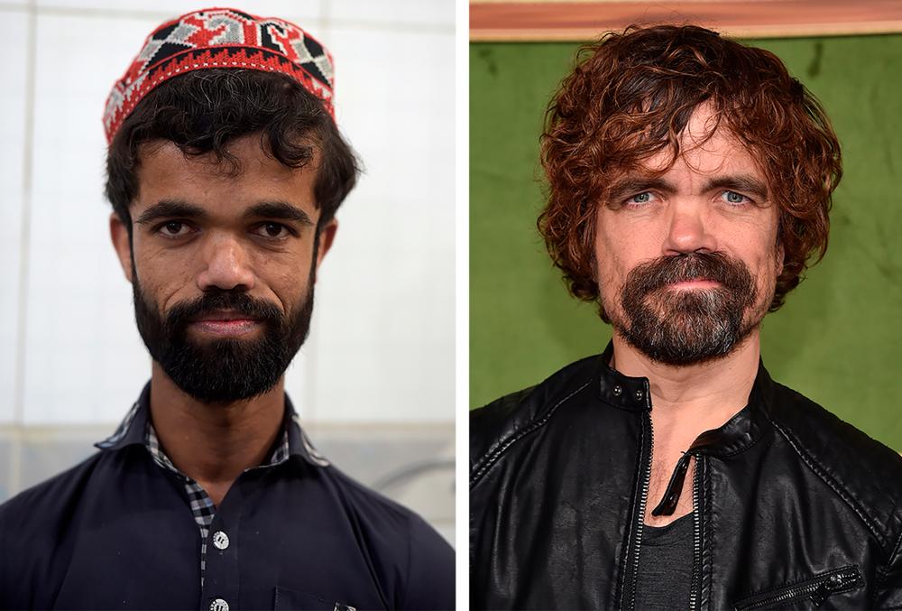 (Left) Pakistani waiter Rozi Khan posing for a picture at Dilbar Hotel in Rawalpindi. The real Peter Dinklage on the right. -AAMIR QURESHI / CHRIS DELMAS/ AFP