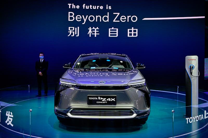 A Toyota bZ 4X on display during the 19th Shanghai International Automobile Industry Exhibition in Shanghai today.