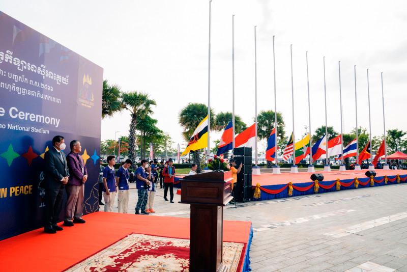 A welcome ceremony for the arrival of the 2023 SEA Games athletes sees the flags of all competing countries being raised followed by their respective national anthems//Cambodia 2023FBpix