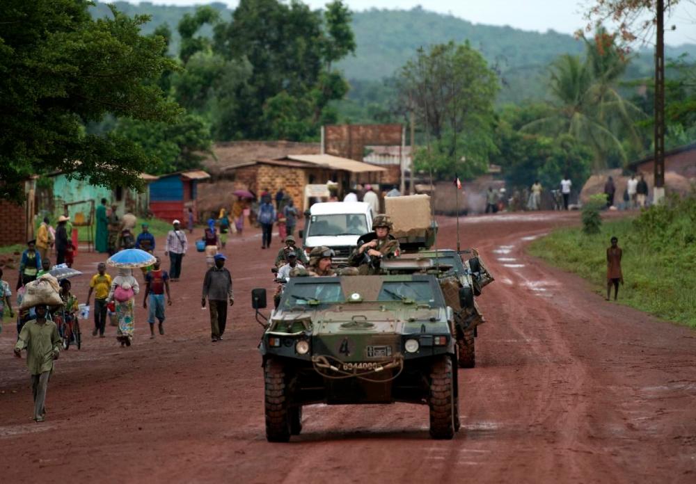 A convoy of French troops, part of the Sangaris forces, patrol in Bambari, Central African Republic, on April 16, 2014. — AFP