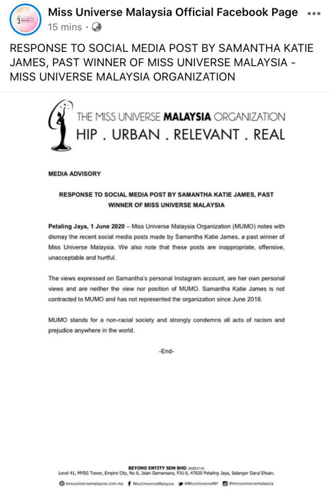 Screenshot from Miss Universe Malaysia official Facebook page $!Screenshot from Miss Universe Malaysia official Facebook page