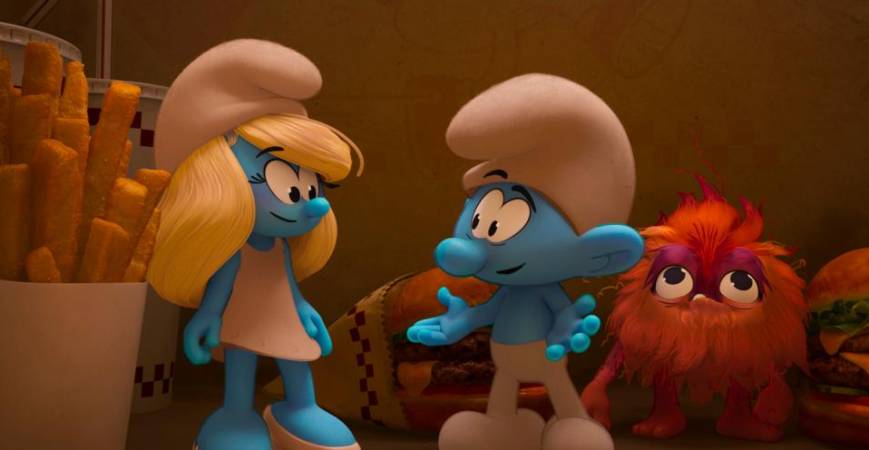 (From left) Smurfette (Rihanna), No Name Smurf (Corden) and Mama Poot (Lyonne) team up for a giggle-filled quest across worlds.