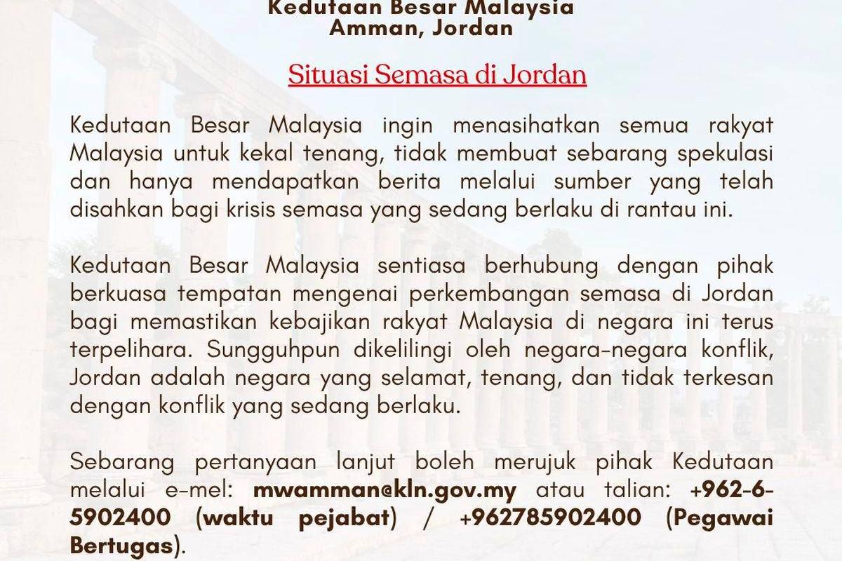 Refrain from making speculations on Middle East: Malaysian Embassy in Amman