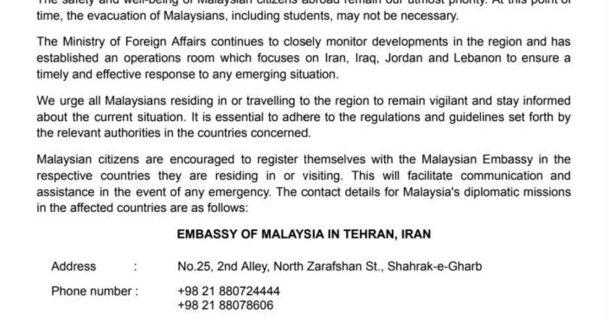 局势稳定，中东马来​​西亚人不太可能撤离