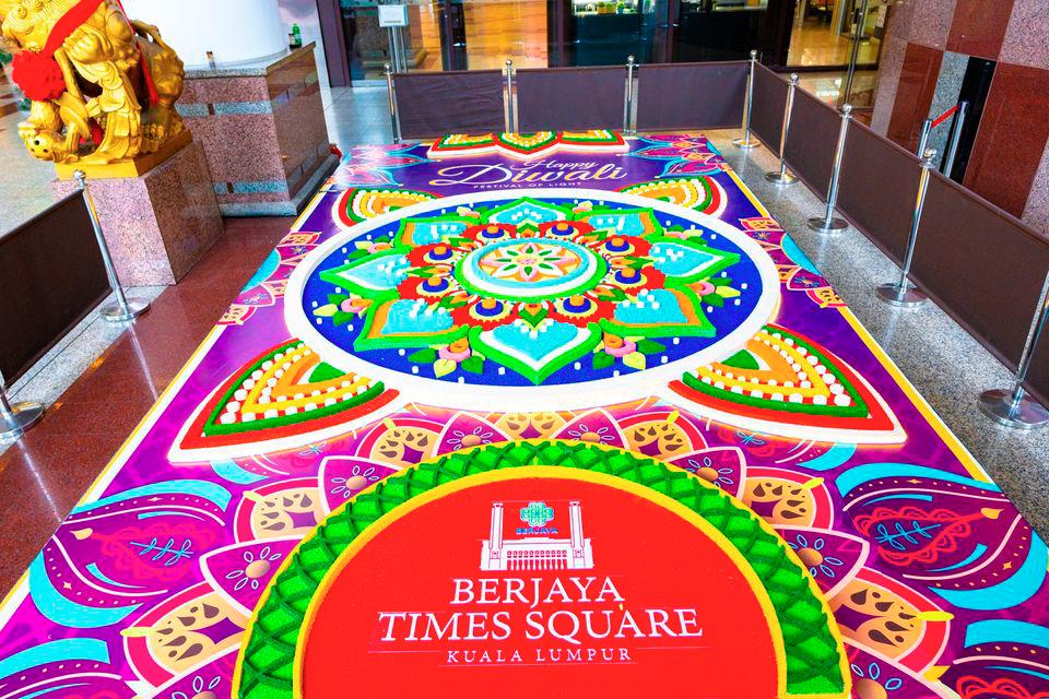 The stunning Deepavali koolam at the entrance of Berjaya Times Square Kuala Lumpur