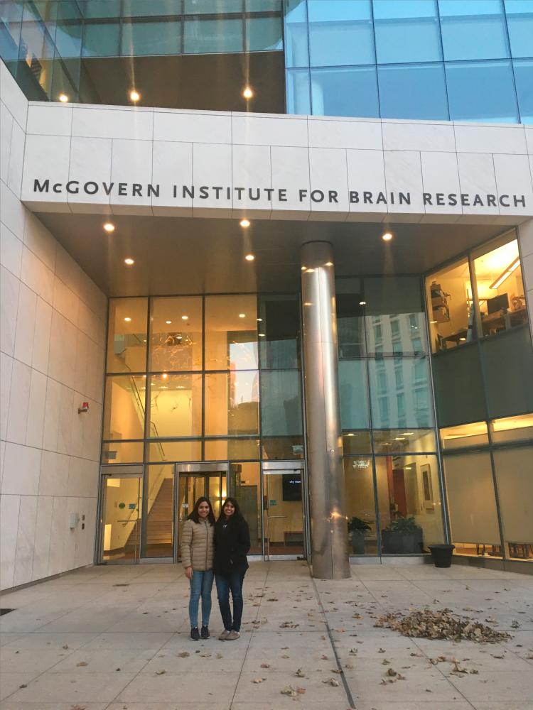 Aishah (left) in front of the McGovern Institute for Brain Research, MIT where she did her research attachment programme.