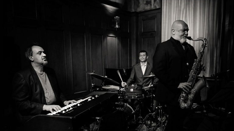 (left) The Alberto Marsico Trio ... (from far left) Marsico on keyboards, Minetto on drums, and Borotti on tenor sax. – BORNEO JAZZ FESTIVAL