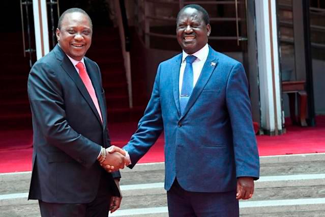 Kenya’s President Uhuru Kenyatta (left) and onetime foe Raila Odinga declared a truce with a headline-grabbing handshake in 2018. — AFP