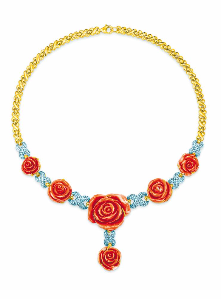 $!A coral and diamond with yellow gold necklace from the Bombay Collection. – POH KONG