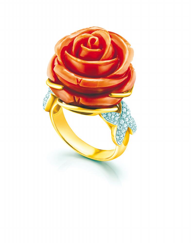 $!A coral and diamond with yellow gold ring from the Bombay Collection. – POH KONG
