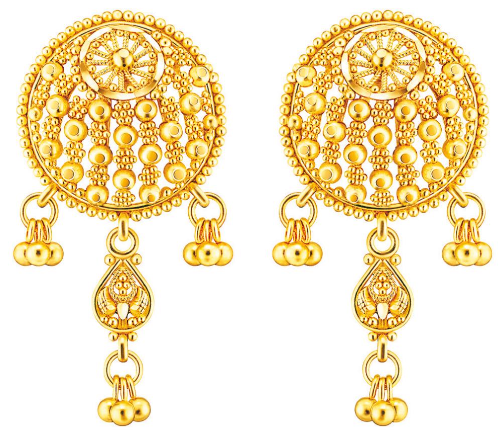 $!A set of earrings made from 916/22k gold with traditional design elements from the Bombay Collection. – POH KONG
