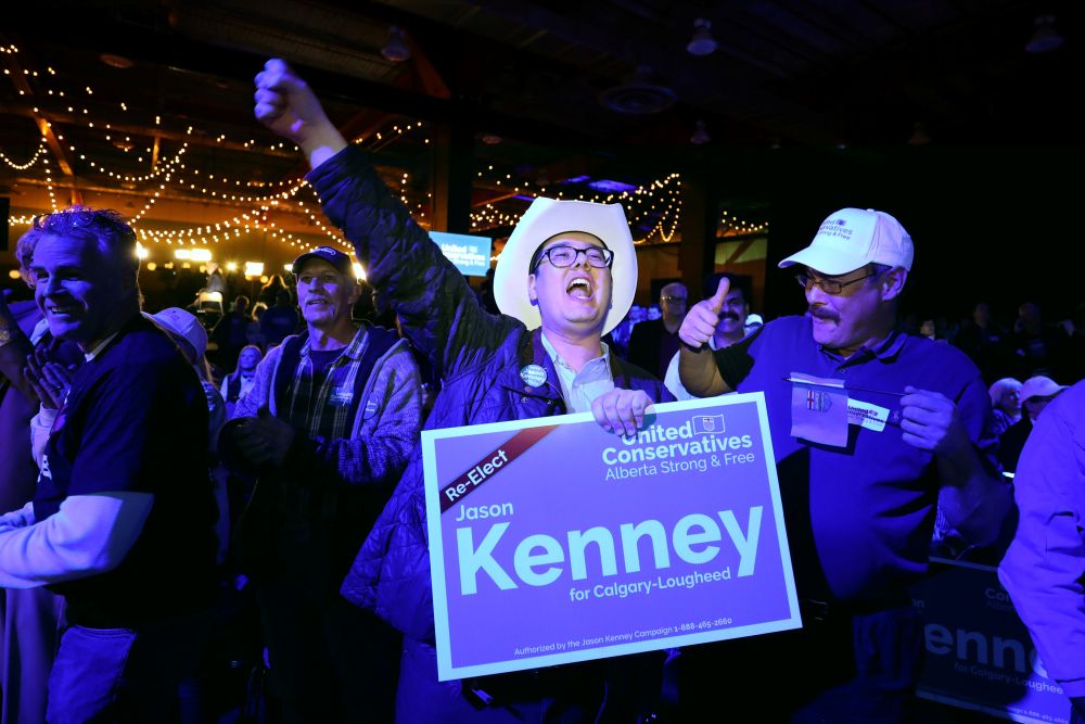 Supporters react to polling results at the United Conservative Party (UCP) provincial election night headquarters in Calgary, Alberta, Canada April 16, 2019. — Reuters