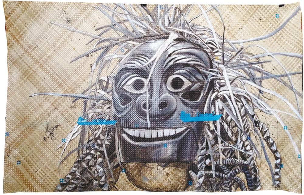 Sacred Sea Dance, acrylic on pandanus mat.