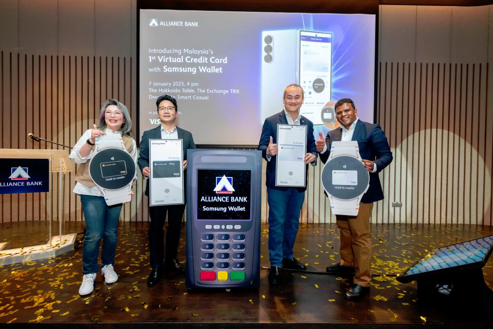 From left: Alliance Bank group chief consumer banking officer Gan Pai Li, Samsung Malaysia Electronics president Charles Kim, Alliance Bank group CEO Kellee Kam and Visa Asia Pacific global acquirers head Previn Pillay launching the VCC.