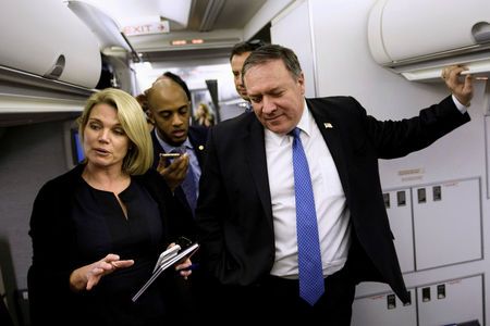 pokesperson Heather Nauert (L) speaks as US Secretary of State Mike Pompeo holds a dialogue with reporters in his plane while flying from Panama to Mexico, Oct 18, 2018. — Bernama