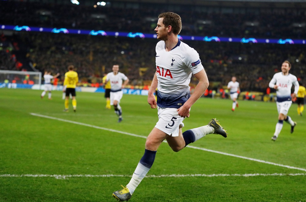 Tottenham’s Jan Vertonghen celebrates scoring their second goal against Borussia Dortmund at the Wembley Stadium in London February 13, 2019. — Reuters