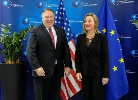 U.S. Secretary of State Mike Pompeo poses with European Union foreign policy chief Federica Mogherini in Brussels, Belgium, on Feb 15, 2019. — Reuters