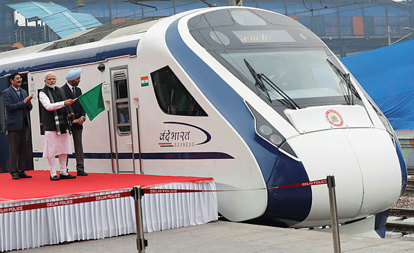India’s Prime Minister Narendra Modi flags off India’s fastest train ‘Vande Bharat Express’ at a ceremony in New Delhi, India, Feb 15, 2019. — Reuters