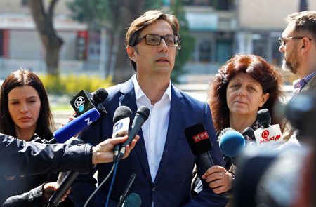 Ruling Social Democratic Union of Macedonia’s candidate Stevo Pendarovski talks to the media after casting his vote for the presidential elections in Skopje, North Macedonia April 21, 2019. — Reuters