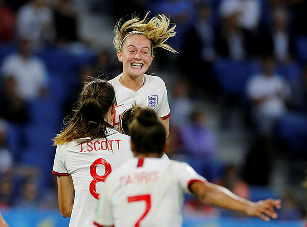England’s Lucy Bronze celebrates scoring their third goal with Keira Walsh and Jill Scott at the Women’s World Cup Quarter Final, England v Norway at Stade Oceane, Le Havre, France on June 27, 2019