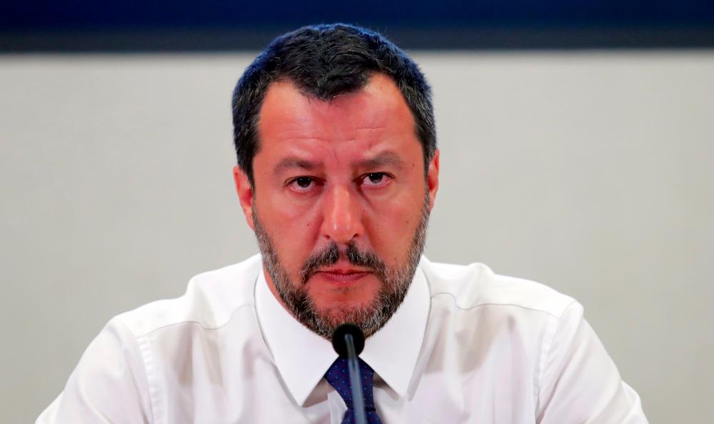 Italy’s Deputy Prime Minister Matteo Salvini addresses a news conference at the end of a meeting with key economic players to discuss the forthcoming 2020 budget, at Viminale Palace, Rome, Italy, July 15 2019. — AFP
