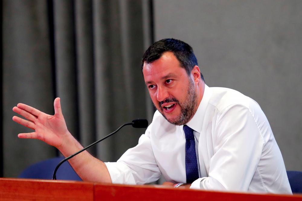 Italy’s Deputy Prime Minister Matteo Salvini addresses a news conference at the end of a meeting with key economic players to discuss the forthcoming 2020 budget, at Viminale Palace, Rome, Italy, July 15 2019. — Reuters