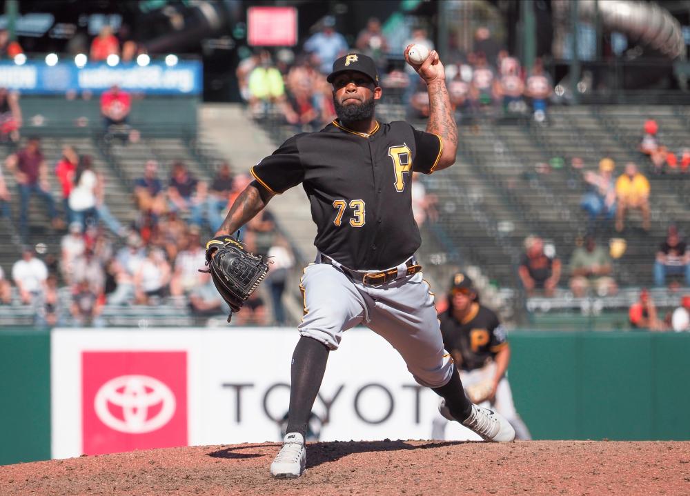 Pittsburgh Pirates relief pitcher Felipe Vazquez (73) pitches the ball against the San Francisco Giants during the ninth inning at Oracle Park. — Reuters