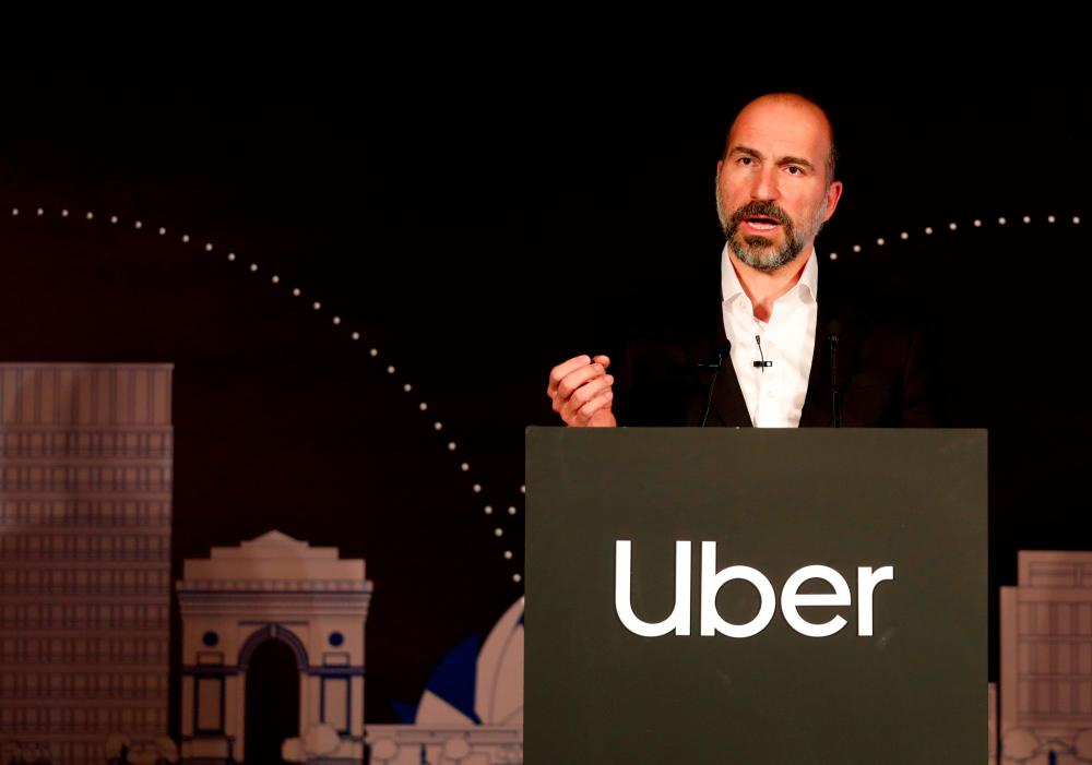 File photo taken on Oct 22 shows Uber CEO Dara Khosrowshahi speaks to the media at an event in New Delhi, India. — Reuters