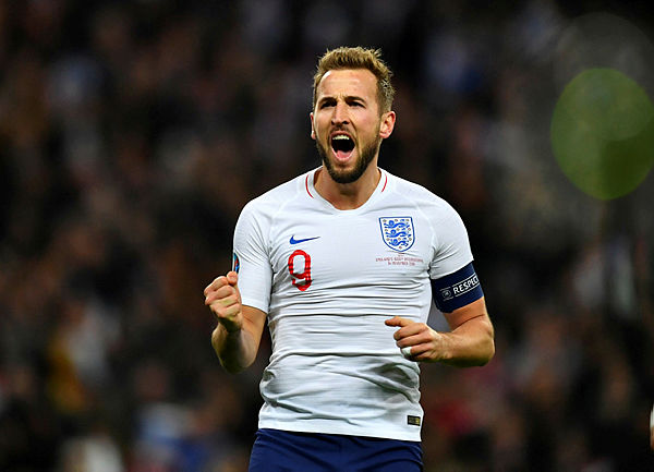 England’s Harry Kane celebrates scoring his team’s fifth goal against Montenegro for the Euro 202 Qualifier’s last night — Reuters