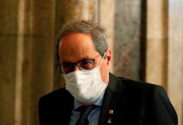 Leader of Catalonia’s regional government Quim Torra is pictured during a session at the Parliament of Catalonia a day before the Supreme Court sees the appeal that he presented against his disqualification for the banner case, in Barcelona, Spain Sept 16, 2020. — AFP