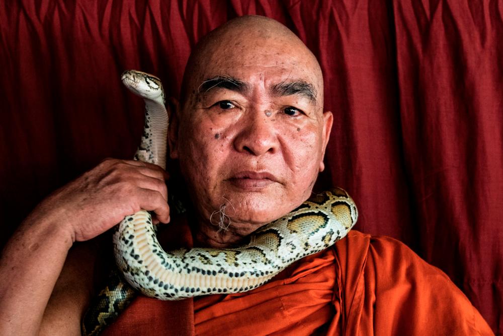 Buddhist monk Wilatha poses with a rescued Burmese python at his monastery that has turned into a snake sanctuary on the outskirts of Yangon, Myanmar, November 26, 2020. Picture taken November 26, 2020. REUTERS/Shwe Paw Mya Tin