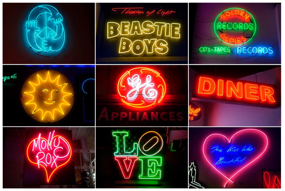 Neon signs are pictured in this combination image at the Let There Be Neon store amid the coronavirus disease (COVID-19) pandemic in the Manhattan borough of New York City, –Reuters