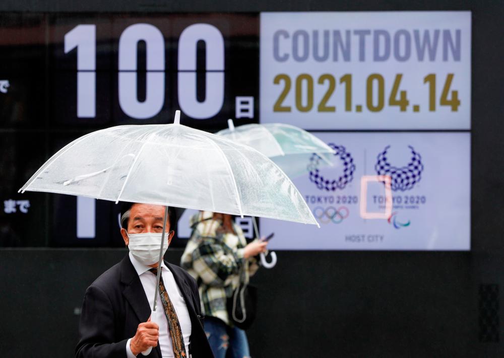 Passersby walk past a screen showing a countdown to the Tokyo 2020 Olympic Games and Tokyo 2020 Paralympic Games that have been postponed to 2021 due to the Covid-19 in Tokyo. – REUTERSPIX