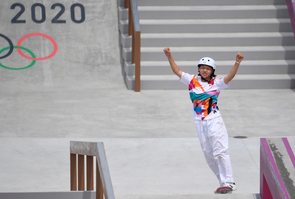 Tokyo 2020 Olympics - Skateboarding - Women’s Street - Preliminary Round - Ariake Urban Sports Park - Tokyo, Japan - July 26, 2021. Momiji Nishiya of Japan reacts. REUTERSpix