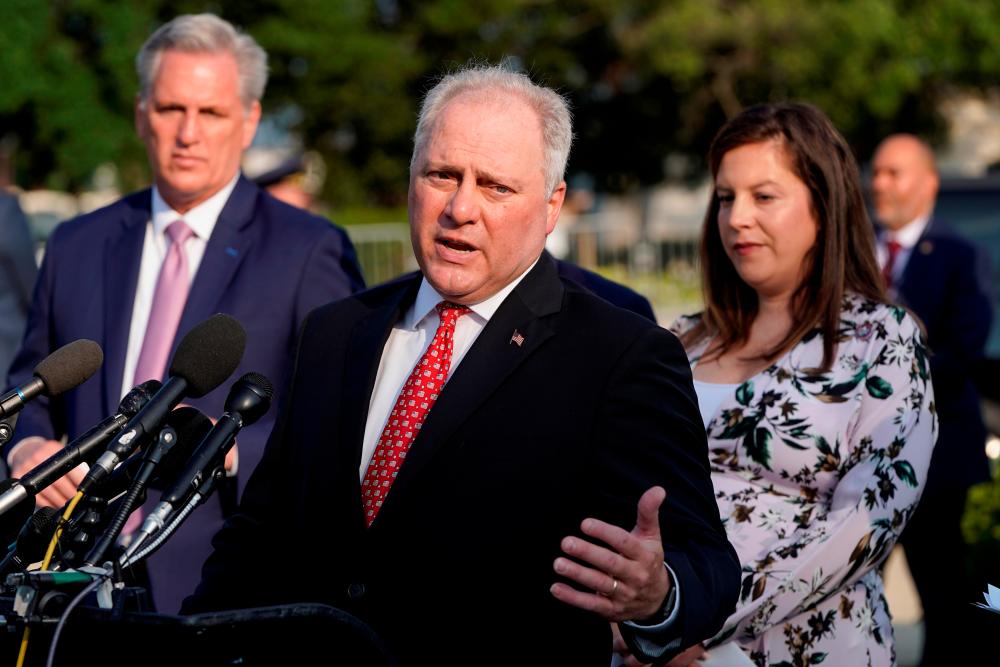 House Minority Whip Steve Scalise (R-LA) speaks to the media with members of the House Republican caucus before the opening hearing of the House (Select) Committee on the Investigation of the January 6th Attack on the U.S. Capitol, on Capitol Hill in Washington, US, July 27, 2021. _Reuters