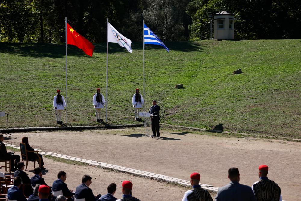 Winter Olympics - Lighting ceremony of the Olympic flame for the Beijing 2022 Winter Olympics - Ancient Olympia, Olympia, Greece - October 18, 2021 President of the Hellenic Olympic Committee Spyros Capralos speaks during the Olympic flame lighting ceremony for the Beijing 2022 Winter Olympics REUTERSpix