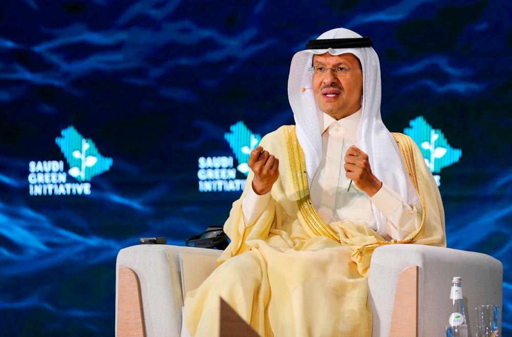 Saudi Energy Minister, Prince Abdulaziz bin Salman bin Abdulaziz Al Saud speaks during the Saudi Green Initiative Forum to discuss efforts by the world’s top oil exporter to tackle climate change in Riyadh, Saudi Arabia, October 23, 2021. REUTERSpix