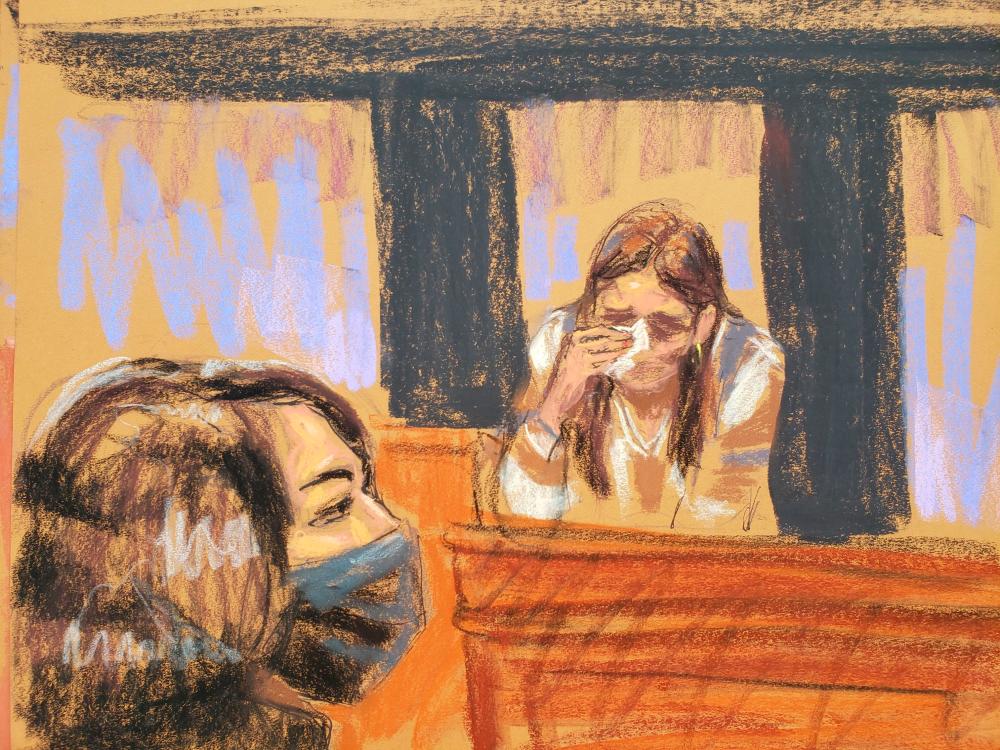Ghislaine Maxwell listens as witness Carolyn answers question from Maurene Comey during the trial of Maxwell, the Jeffrey Epstein associate accused of sex trafficking, in a courtroom sketch in New York City, U.S., December 7, 2021. REUTERSpix