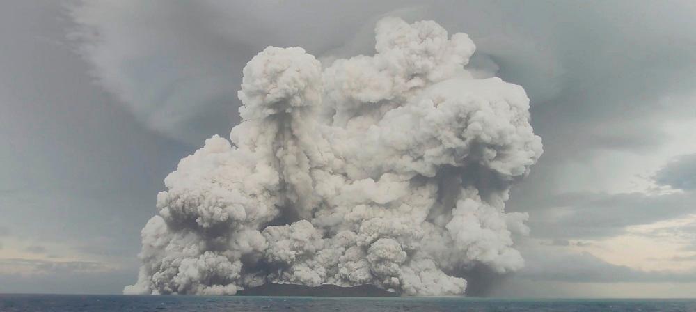 An eruption occurs at the underwater volcano Hunga Tonga-Hunga Ha'apai off Tonga, January 14, 2022 in this screen grab obtained from a social media video. Video recorded January 14, 2022. Tonga Geological Services/via REUTERS -REUTERSPix