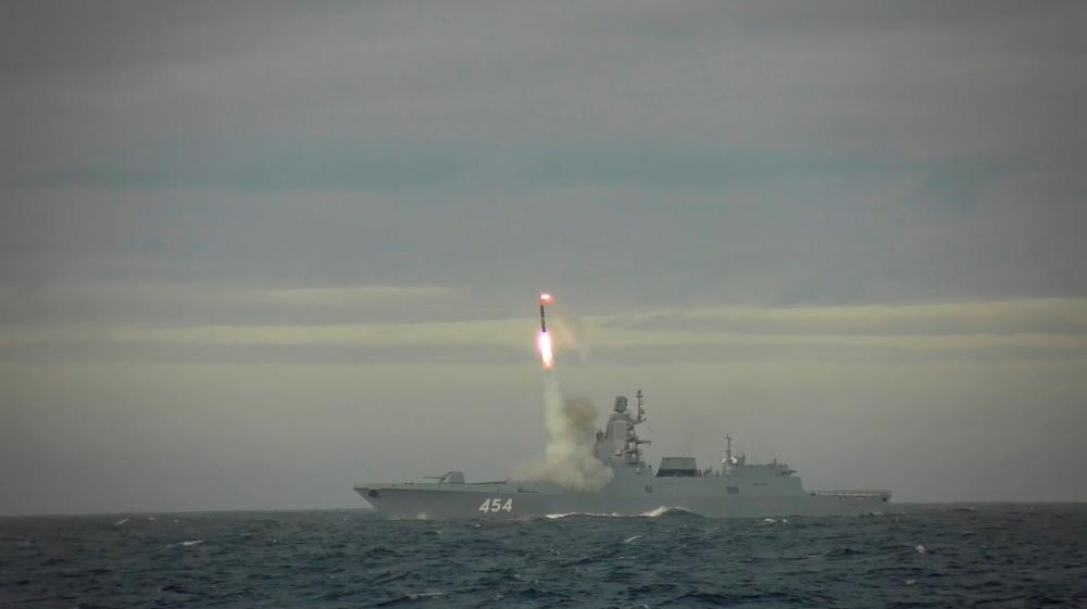 A hypersonic Zircon cruise missile is fired from the guided missile frigate Admiral Gorshkov during a test at the Barents Sea, in this still image taken from a video released May 28, 2022. REUTERSPIX