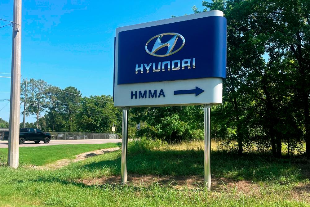 A sign shows directions to the Hyundai Motor Manufacturing Alabama automobile plant in Montgomery, Alabama, U.S. July 15, 2022. REUTERSPIX