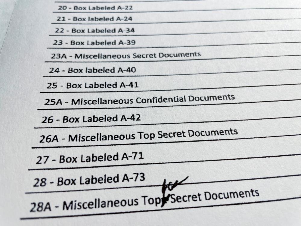 An itemized list of property seized in the execution of a search warrant by the FBI at former President Donald Trump's Mar-a-Lago estate, shows documents listed as Secret, Confidential and Top Secret is seen after being released by the U.S. District Court for the Southern District of Florida in West Palm Beach, Florida, U.S. August 12, 2022. - REUTERSPIX