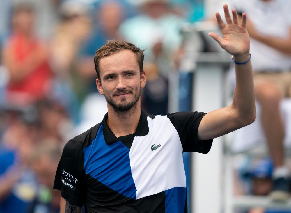 Aug 19, 2022; Cincinnati, OH, USA; Daniil Medvedev (RUS) celebrates winning his match against Taylor Fritz (USA) at the Western &amp; Southern Open at the Lindner Family Tennis Center. REUTERSPIX