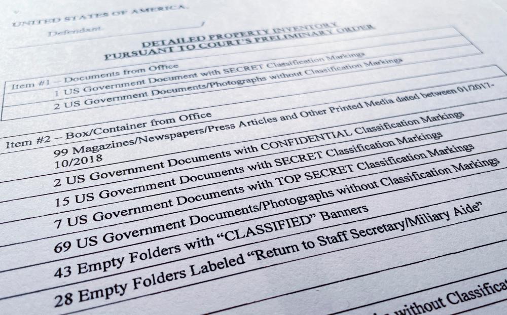 FILE PHOTO: A detailed property inventory of documents and other items seized from former U.S. President Donald Trump's Mar-a-Lago estate shows the seizure of dozens of empty folders marked Classified or marked that they were to be returned to the president's staff assistant or military aide after the inventory was released to the public by the U.S. District Court for the Southern District of Florida September 2, 2022. REUTERSPIX