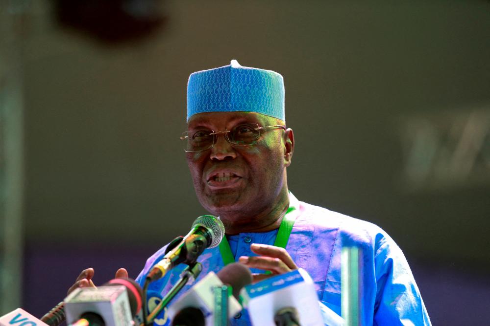Former Nigeria Vice President Atiku Abubakar adresses the People’s Democratic Party delegates during the Special convention in Abuja, Nigeria May 28, 2022. REUTERPSIX