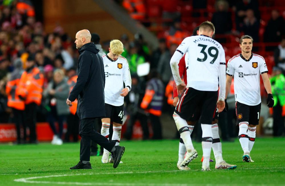 Football - Premier League - Liverpool v Manchester United - Anfield, Liverpool, Britain - March 5, 2023 Manchester United manager Erik ten Hag looks dejected after the match REUTERSPIX