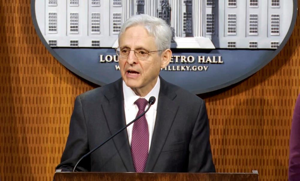 U.S. Attorney General Merrick Garland announces the Justice Department’s findings in a civil rights investigation into the Louisville Metro Police Department and the Louisville Metro Government that was sparked by the police shooting death of Breonna Taylor in 2020, in this screen grab from Justice Department video shot during a news conference at Louisville Metro Hall in Louisville, Kentucky, U.S. March 8, 2023/REUTERSPix
